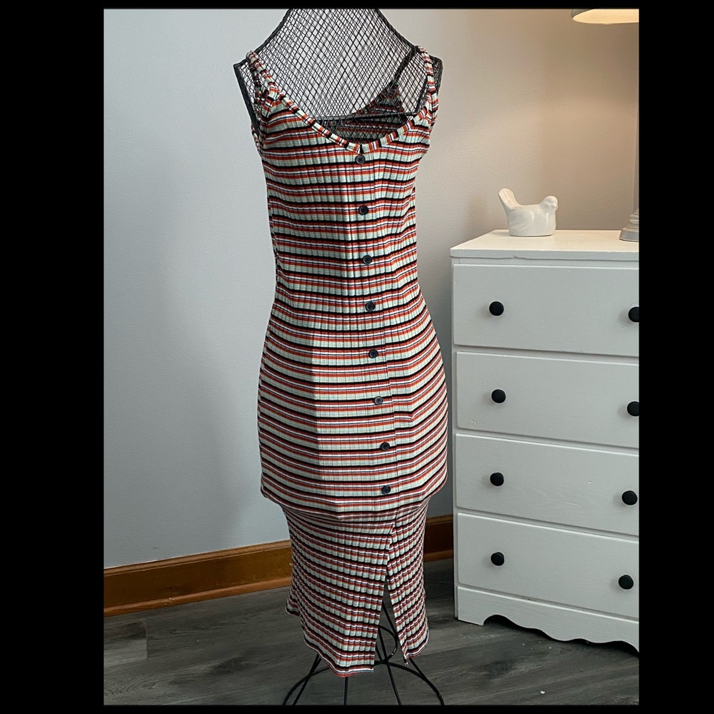 V-Neck Sleeveless Button-Front Striped Knit dress